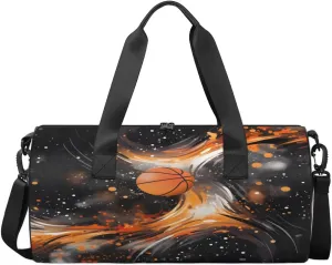 Basketball Flame Design Sports Duffel Bag with Shoulder Strap, Large Capacity Gym Bag with Shoe Compartment, Water Resistant Travel Duffle Bag for Men Women Travel, Sports (17.6x9x9 Inch)