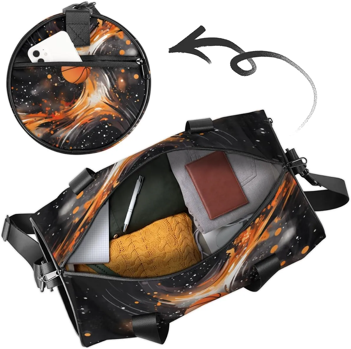 Basketball Flame Design Sports Duffel Bag with Shoulder Strap, Large Capacity Gym Bag with Shoe Compartment, Water Resistant Travel Duffle Bag for Men Women Travel, Sports (17.6x9x9 Inch)