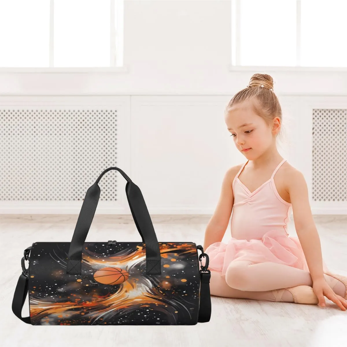 Basketball Flame Design Sports Duffel Bag with Shoulder Strap, Large Capacity Gym Bag with Shoe Compartment, Water Resistant Travel Duffle Bag for Men Women Travel, Sports (17.6x9x9 Inch)