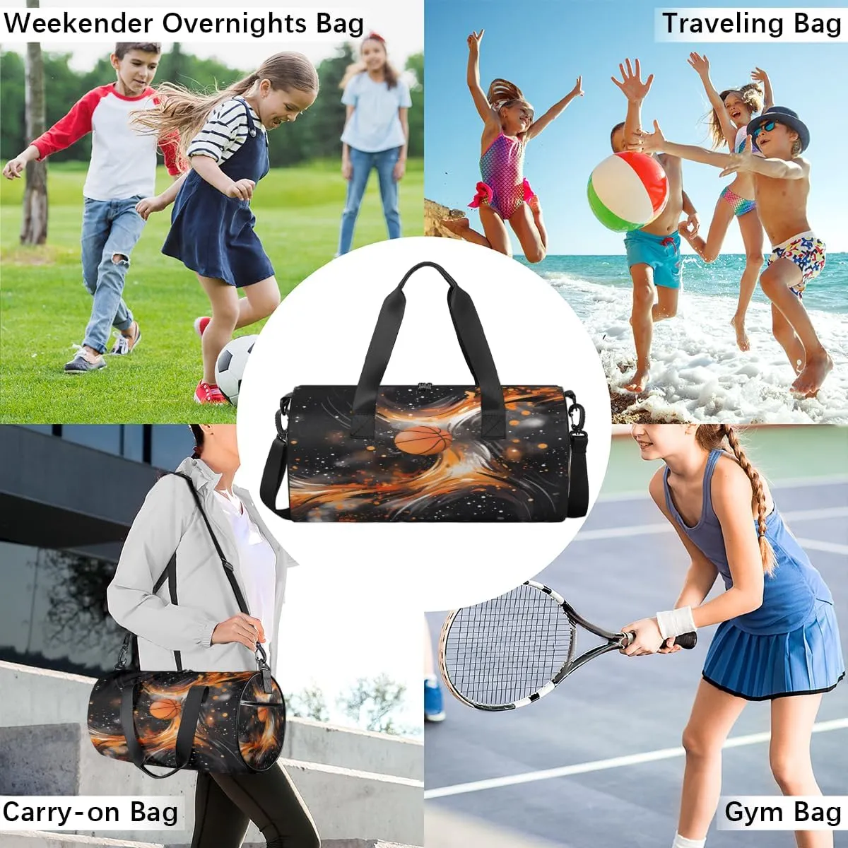 Basketball Flame Design Sports Duffel Bag with Shoulder Strap, Large Capacity Gym Bag with Shoe Compartment, Water Resistant Travel Duffle Bag for Men Women Travel, Sports (17.6x9x9 Inch)