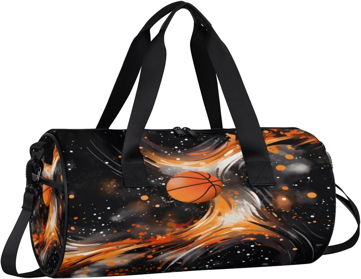 Basketball Flame Design Sports Duffel Bag with Shoulder Strap, Large Capacity Gym Bag with Shoe Compartment, Water Resistant Travel Duffle Bag for Men Women Travel, Sports (17.6x9x9 Inch)