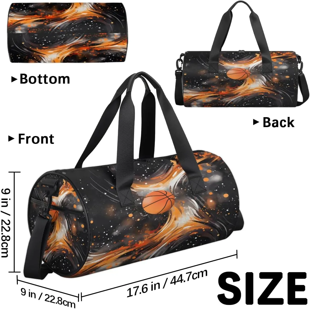 Basketball Flame Design Sports Duffel Bag with Shoulder Strap, Large Capacity Gym Bag with Shoe Compartment, Water Resistant Travel Duffle Bag for Men Women Travel, Sports (17.6x9x9 Inch)