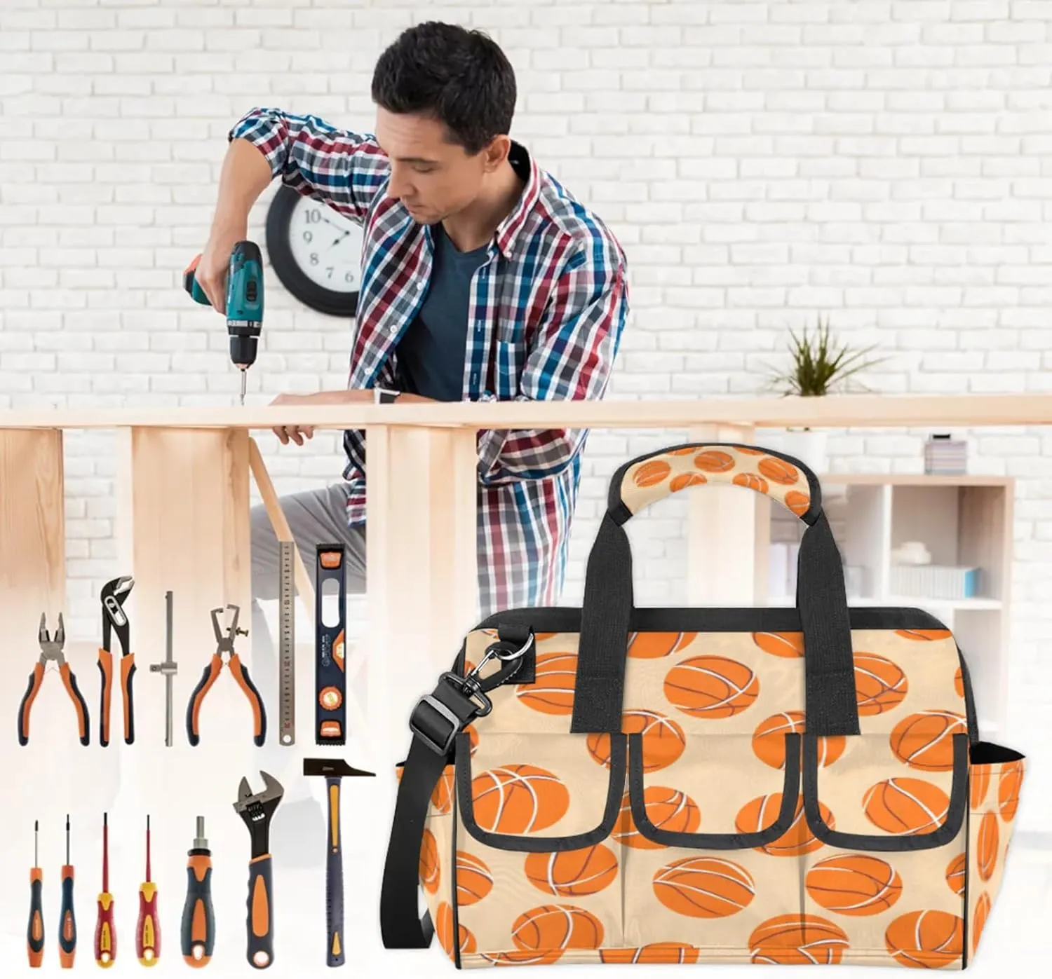 Basketball Tool Bags for Men and Women Sports Heavy Duty Tool Tote Organizer Bag for Electrician Carpenter Mechanic, Adjustable Shoulder Strap