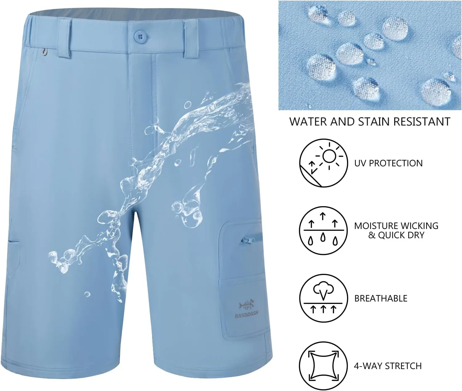 BASSDASH 10.5” Mens Fishing Cargo Shorts Quick Dry UPF 50  Water Resistant FP01M