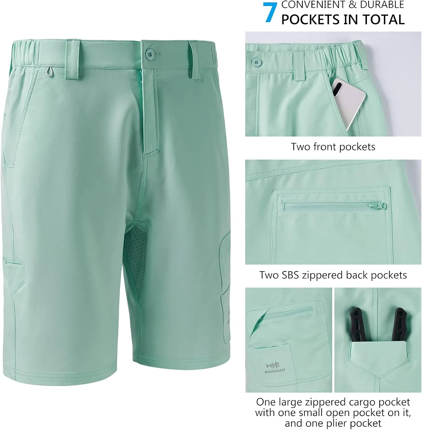 BASSDASH 10.5” Mens Fishing Cargo Shorts Quick Dry UPF 50  Water Resistant FP01M