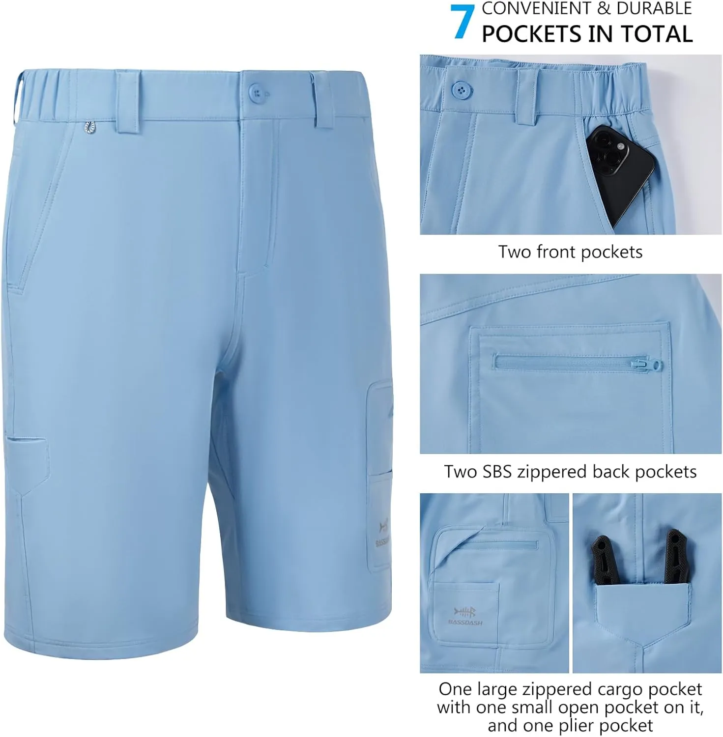 BASSDASH 10.5” Mens Fishing Cargo Shorts Quick Dry UPF 50  Water Resistant FP01M