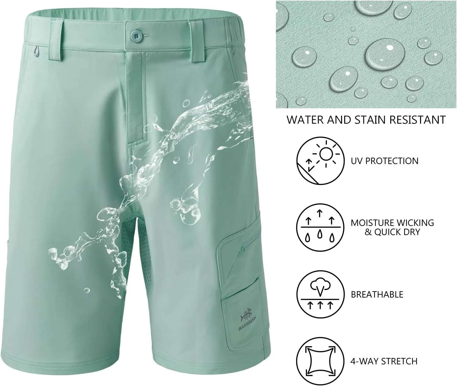 BASSDASH 10.5” Mens Fishing Cargo Shorts Quick Dry UPF 50  Water Resistant FP01M