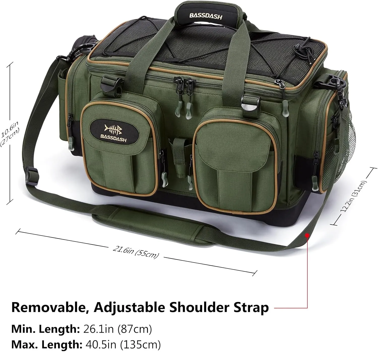 BASSDASH Fishing Tackle Shoulder Bag Water Resistant Lightweight Gear Storage Pack with Hard Molded Bottom Rain Cover