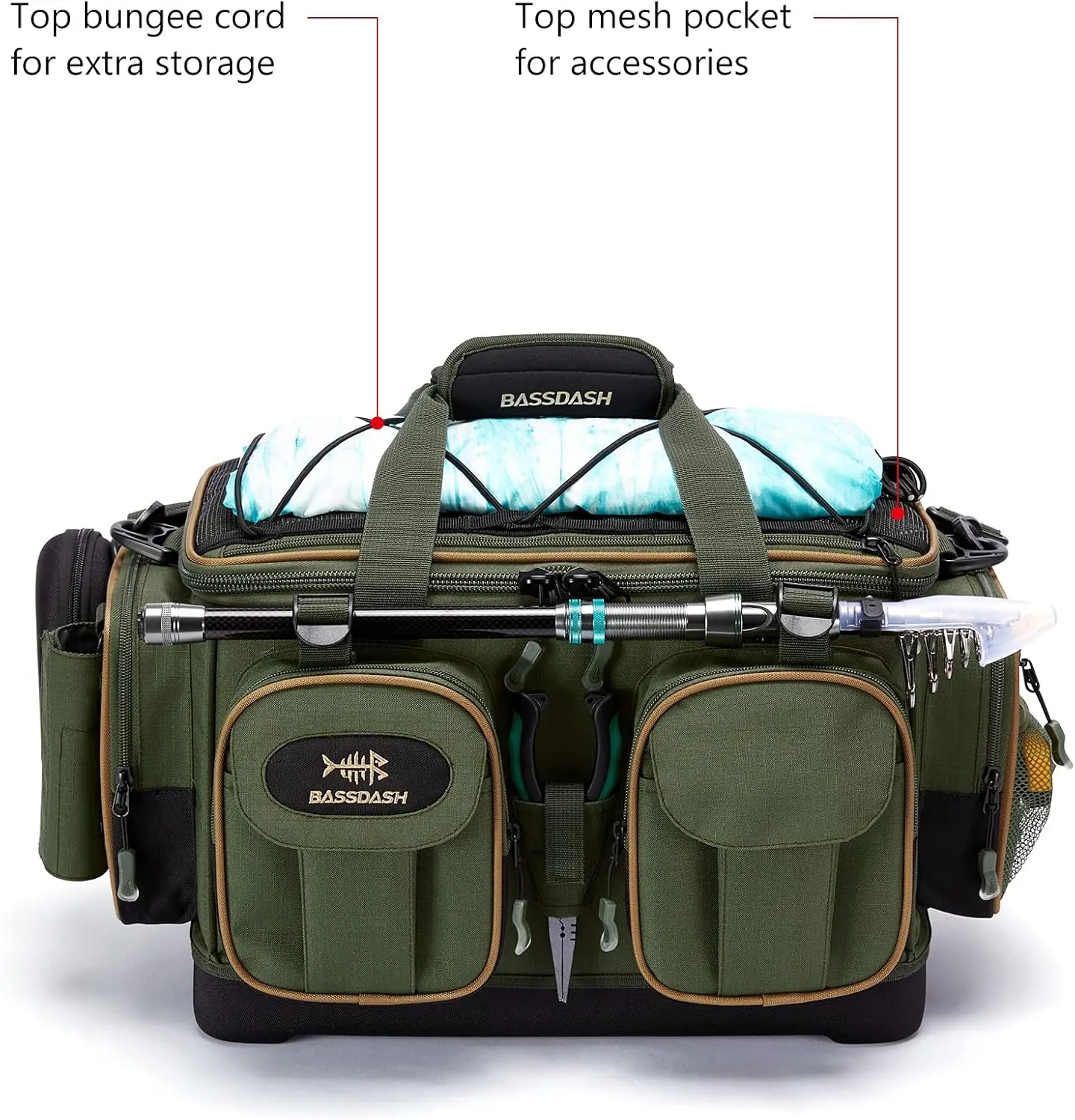 BASSDASH Fishing Tackle Shoulder Bag Water Resistant Lightweight Gear Storage Pack with Hard Molded Bottom Rain Cover