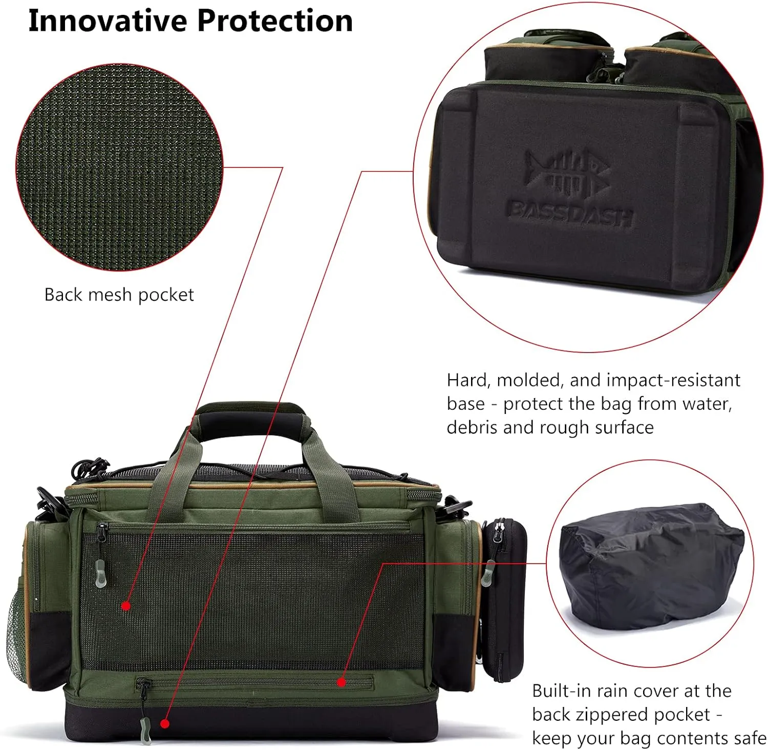 BASSDASH Fishing Tackle Shoulder Bag Water Resistant Lightweight Gear Storage Pack with Hard Molded Bottom Rain Cover