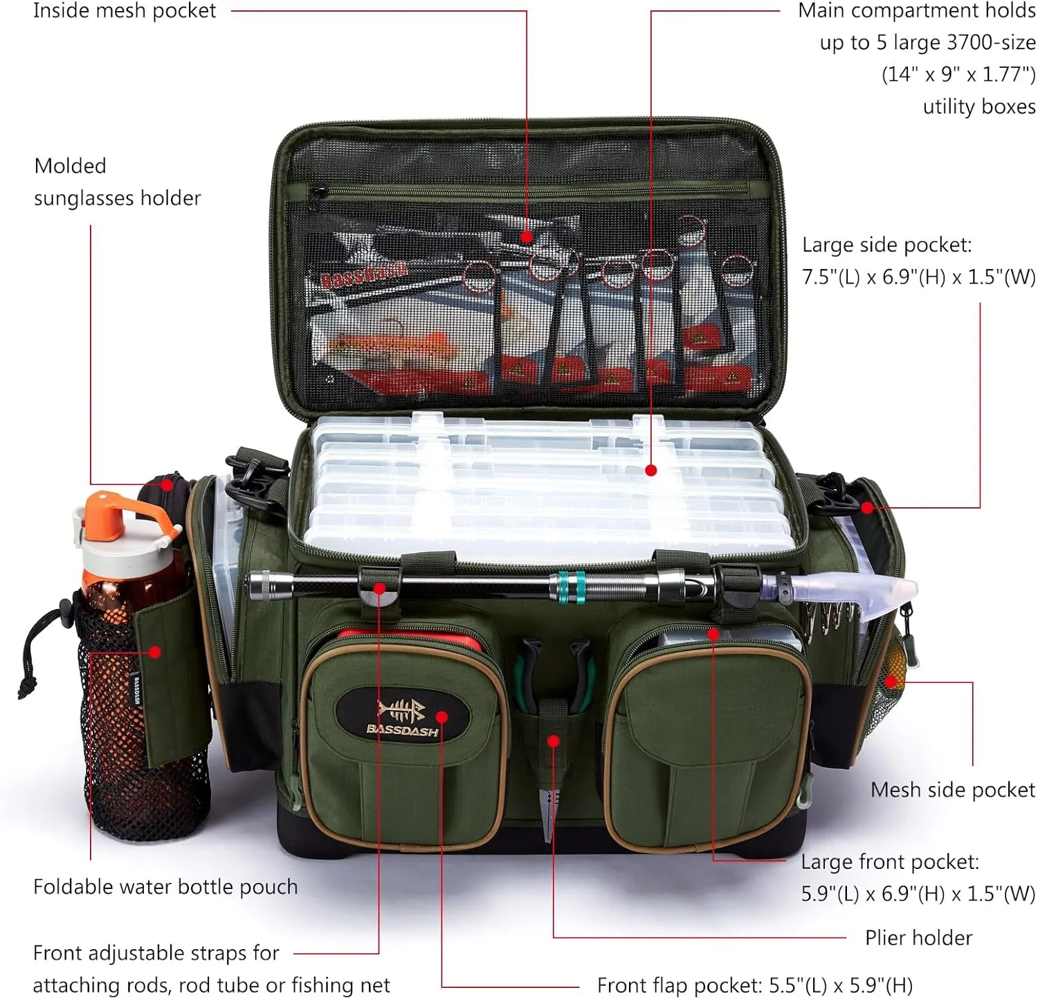BASSDASH Fishing Tackle Shoulder Bag Water Resistant Lightweight Gear Storage Pack with Hard Molded Bottom Rain Cover