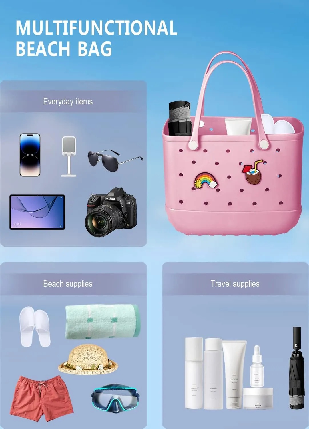 Beach Bag Rubber Tote Bag - Waterproof Travel Bag for Women Washable Tote Bag Handbag for Sports Beach Market Pool