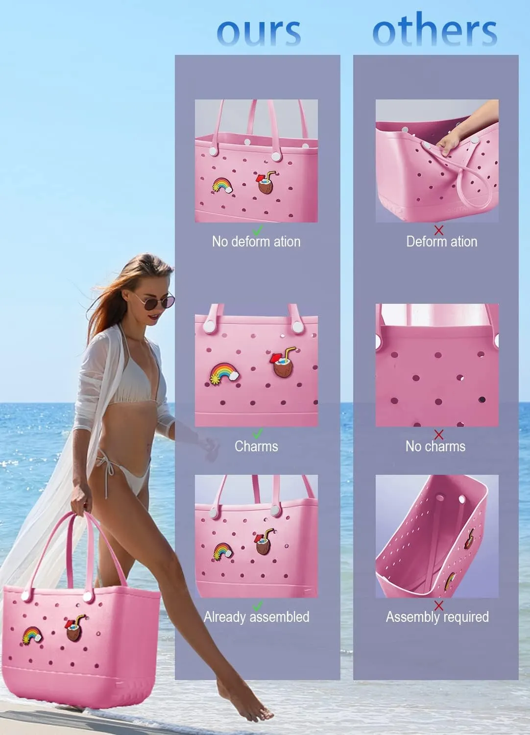 Beach Bag Rubber Tote Bag - Waterproof Travel Bag for Women Washable Tote Bag Handbag for Sports Beach Market Pool