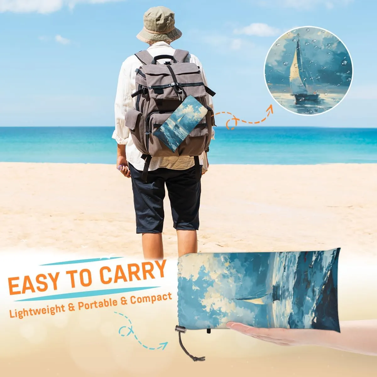 Beach Blanket, Boat Ocean Sandproof Beach Mat, Waterproof Quick Drying Sand Free Mat with 4 x Ground Spikes for Outdoor Travel Camping Hiking, Nautical 68 x 59 in