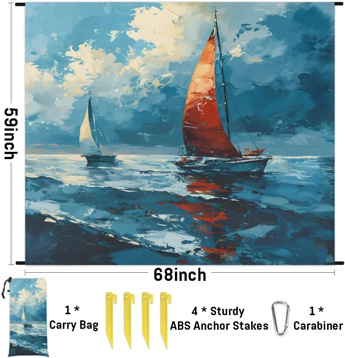 Beach Blanket, Boat Ocean Sandproof Beach Mat, Waterproof Quick Drying Sand Free Mat with 4 x Ground Spikes for Outdoor Travel Camping Hiking, Nautical 68 x 59 in