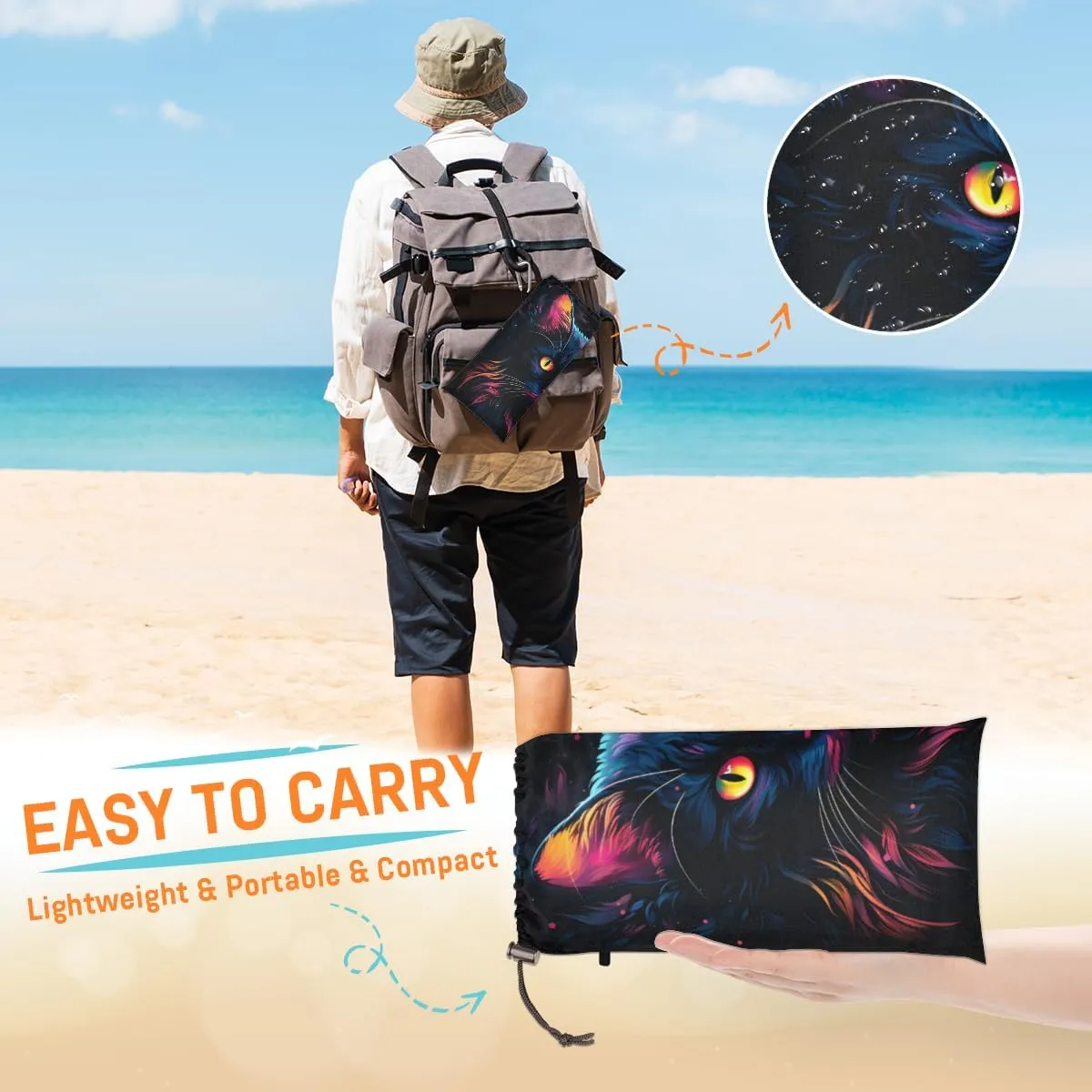 Beach Blanket, Cat Patterns Sandproof Beach Mat, Waterproof Quick Drying Sand Free Mat with 4 x Ground Spikes for Outdoor Travel Camping Hiking, Black Cat 68 x 59 in