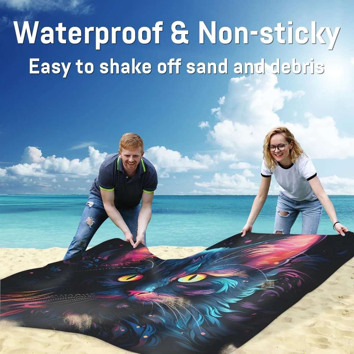 Beach Blanket, Cat Patterns Sandproof Beach Mat, Waterproof Quick Drying Sand Free Mat with 4 x Ground Spikes for Outdoor Travel Camping Hiking, Black Cat 68 x 59 in