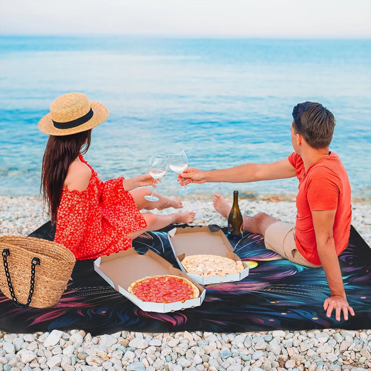 Beach Blanket, Cat Patterns Sandproof Beach Mat, Waterproof Quick Drying Sand Free Mat with 4 x Ground Spikes for Outdoor Travel Camping Hiking, Black Cat 68 x 59 in