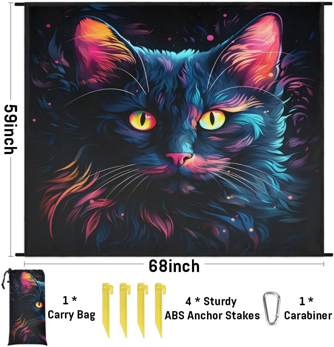 Beach Blanket, Cat Patterns Sandproof Beach Mat, Waterproof Quick Drying Sand Free Mat with 4 x Ground Spikes for Outdoor Travel Camping Hiking, Black Cat 68 x 59 in