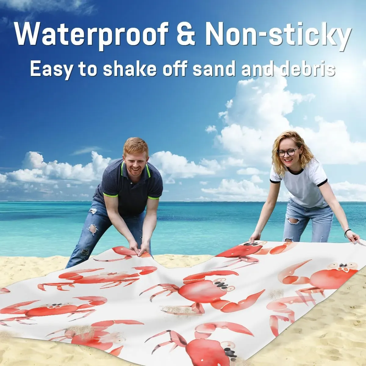Beach Blanket, Crab Sandproof Beach Mat, Waterproof Quick Drying Sand Free Mat with 4 x Ground Spikes for Outdoor Travel Camping Hiking, Sea Crab 68 x 59 in