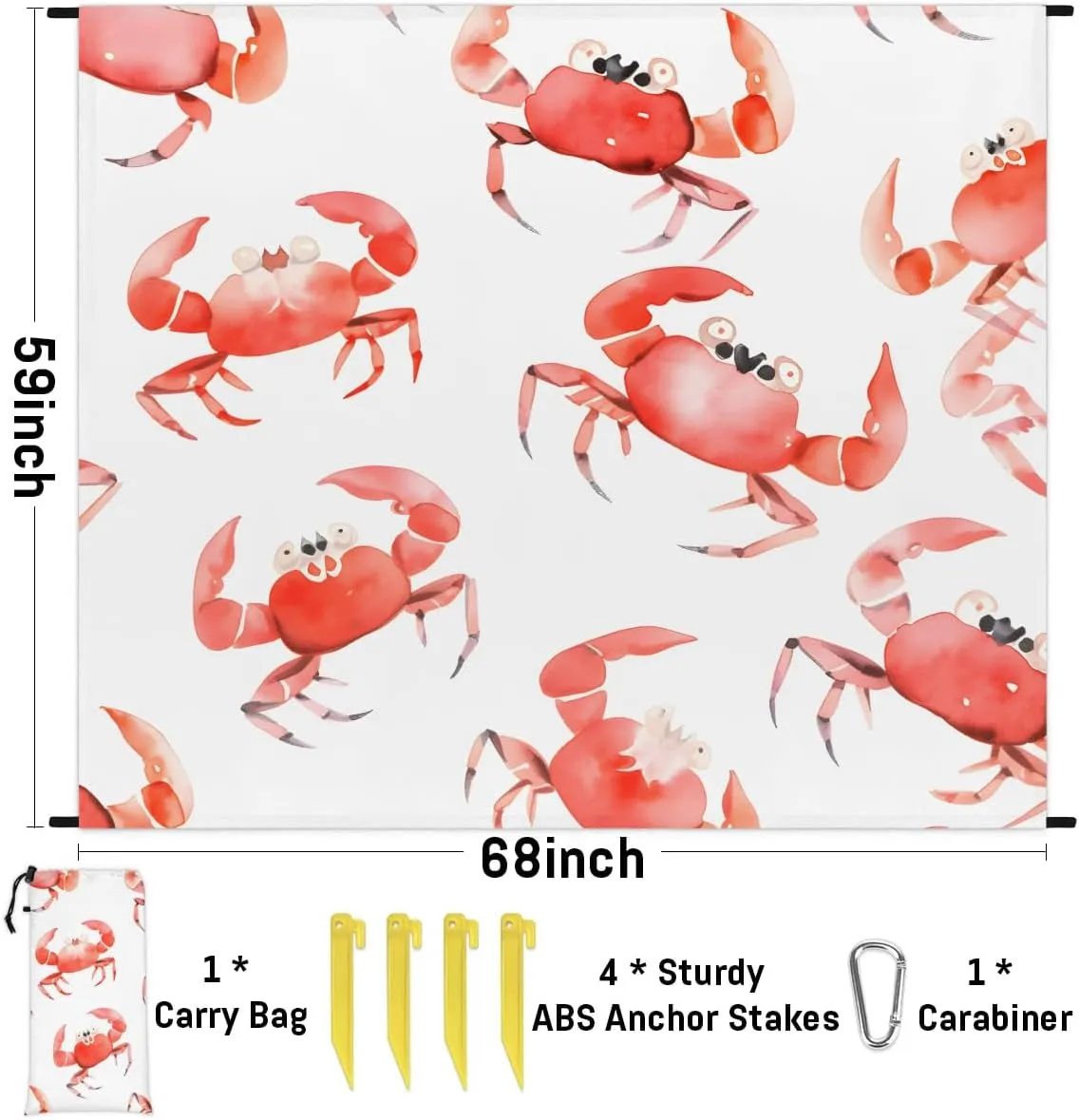Beach Blanket, Crab Sandproof Beach Mat, Waterproof Quick Drying Sand Free Mat with 4 x Ground Spikes for Outdoor Travel Camping Hiking, Sea Crab 68 x 59 in