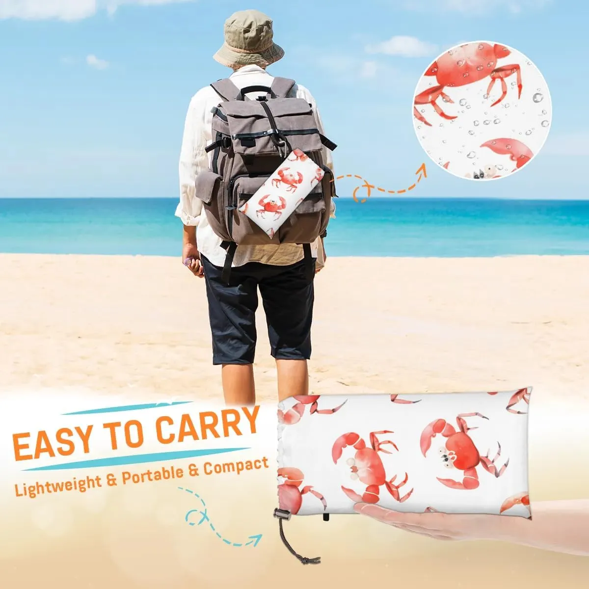 Beach Blanket, Crab Sandproof Beach Mat, Waterproof Quick Drying Sand Free Mat with 4 x Ground Spikes for Outdoor Travel Camping Hiking, Sea Crab 68 x 59 in