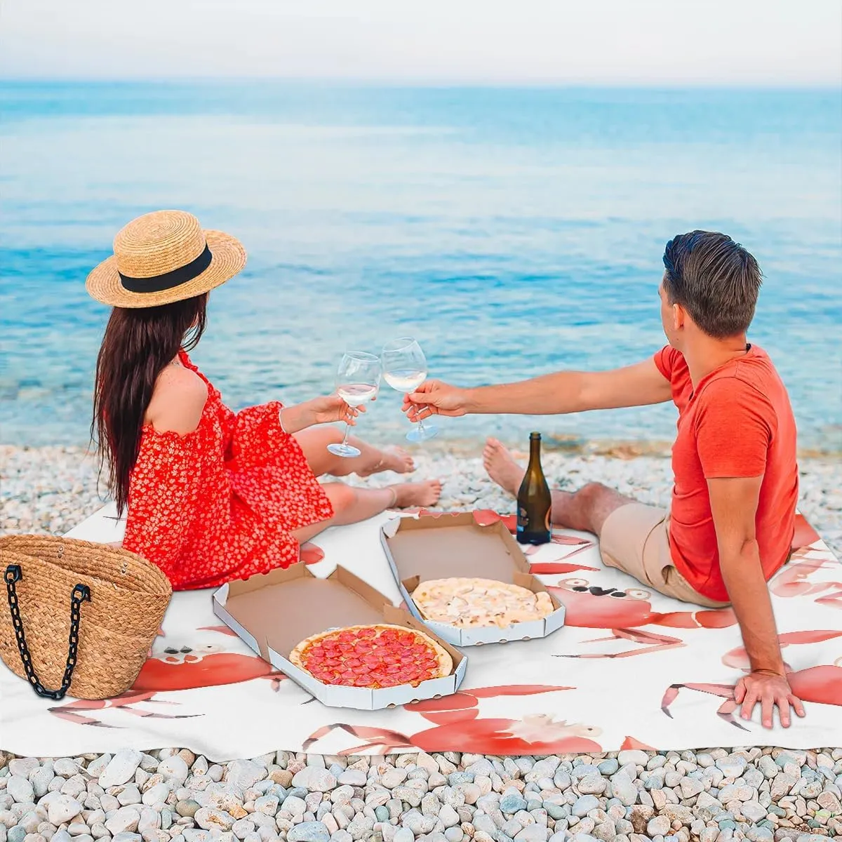 Beach Blanket, Crab Sandproof Beach Mat, Waterproof Quick Drying Sand Free Mat with 4 x Ground Spikes for Outdoor Travel Camping Hiking, Sea Crab 68 x 59 in