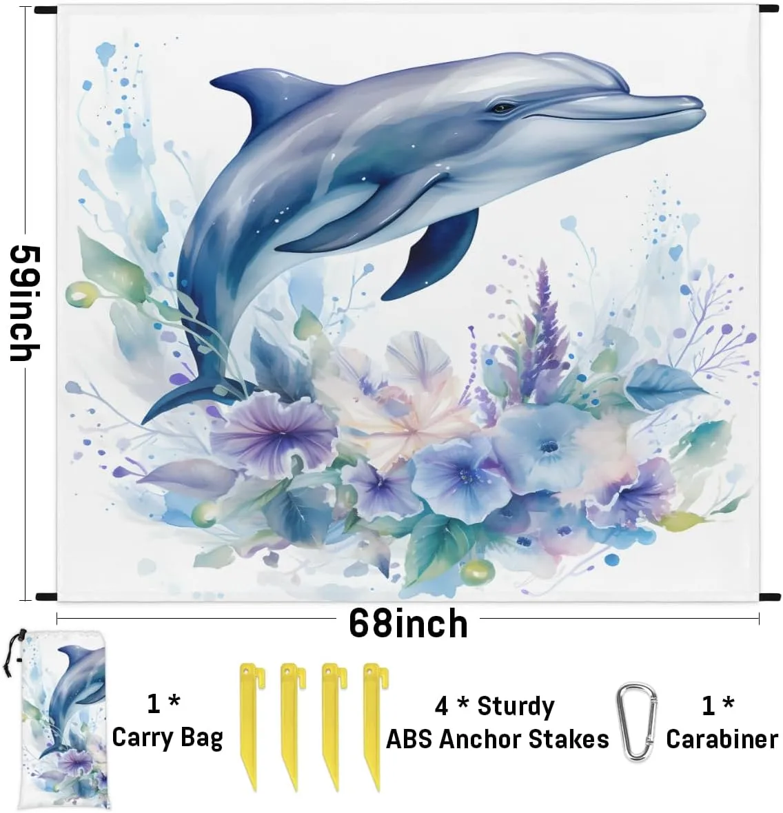 Beach Blanket, Cute Dolphin Sandproof Beach Mat, Waterproof Quick Drying Sand Free Mat with 4 x Ground Spikes for Outdoor Travel Camping Hiking, Dolphin 68 x 59 in