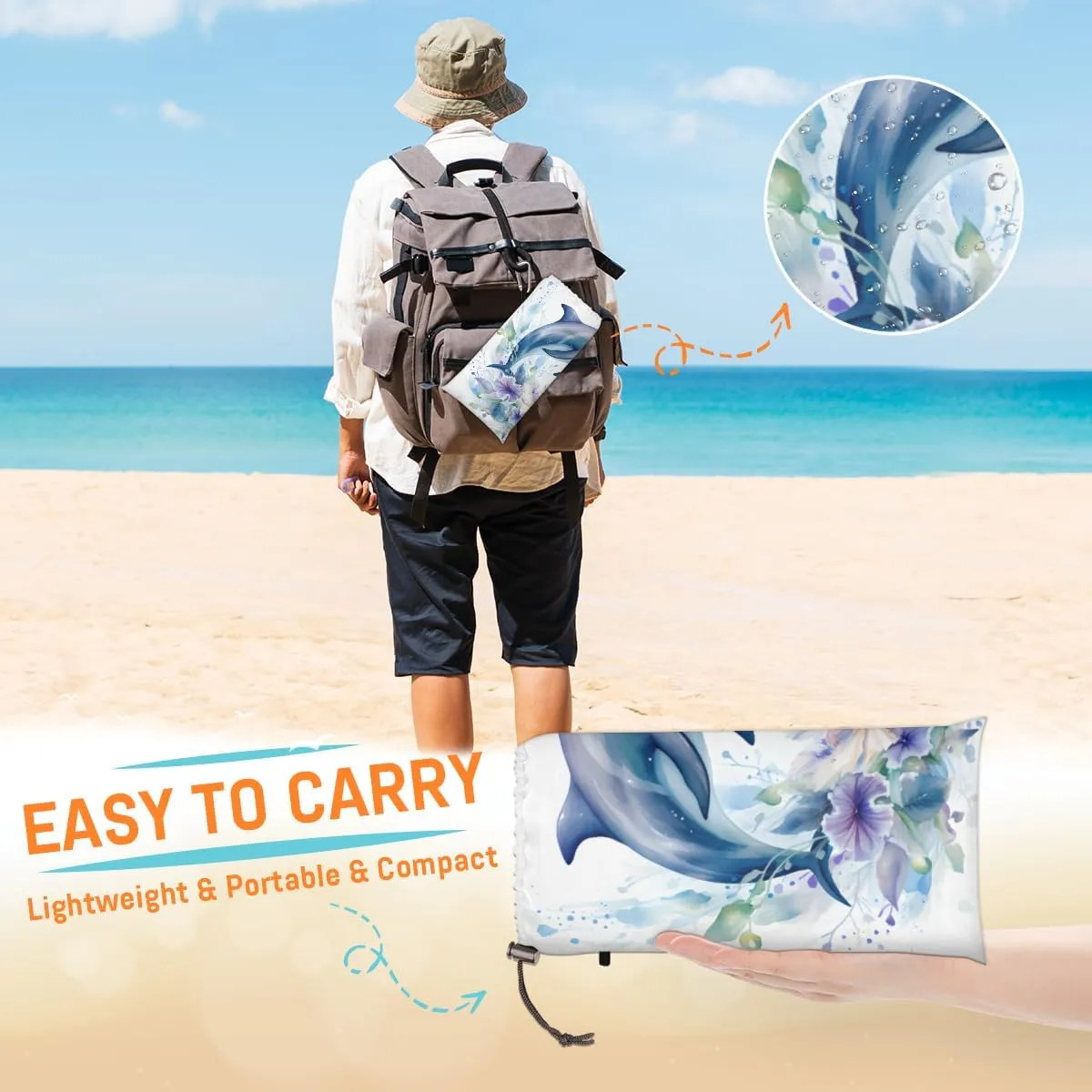 Beach Blanket, Cute Dolphin Sandproof Beach Mat, Waterproof Quick Drying Sand Free Mat with 4 x Ground Spikes for Outdoor Travel Camping Hiking, Dolphin 68 x 59 in