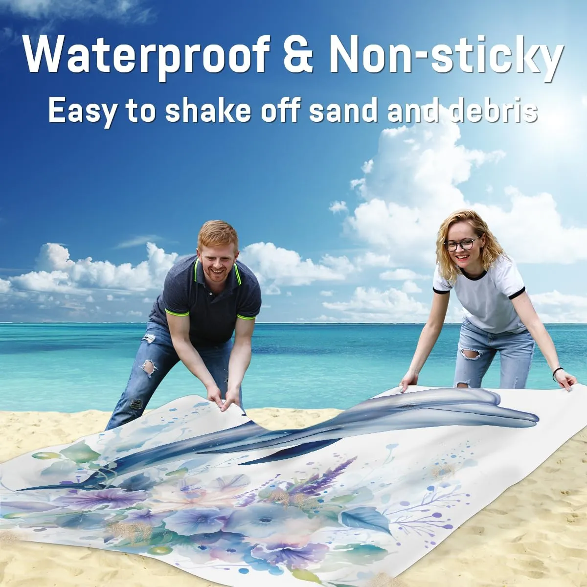 Beach Blanket, Cute Dolphin Sandproof Beach Mat, Waterproof Quick Drying Sand Free Mat with 4 x Ground Spikes for Outdoor Travel Camping Hiking, Dolphin 68 x 59 in