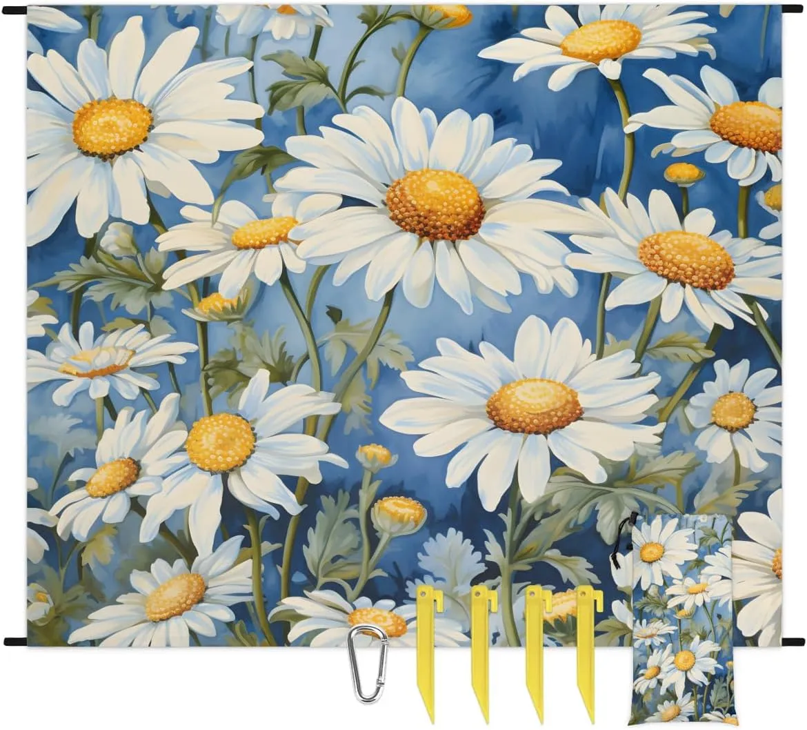Beach Blanket, Daisy Floral Sandproof Beach Mat, Waterproof Quick Drying Sand Free Mat with 4 x Ground Spikes for Outdoor Travel Camping Hiking, Summer Daisy 68 x 59 in