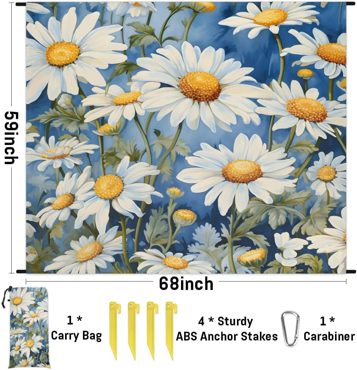 Beach Blanket, Daisy Floral Sandproof Beach Mat, Waterproof Quick Drying Sand Free Mat with 4 x Ground Spikes for Outdoor Travel Camping Hiking, Summer Daisy 68 x 59 in