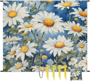 Beach Blanket, Daisy Floral Sandproof Beach Mat, Waterproof Quick Drying Sand Free Mat with 4 x Ground Spikes for Outdoor Travel Camping Hiking, Summer Daisy 68 x 59 in