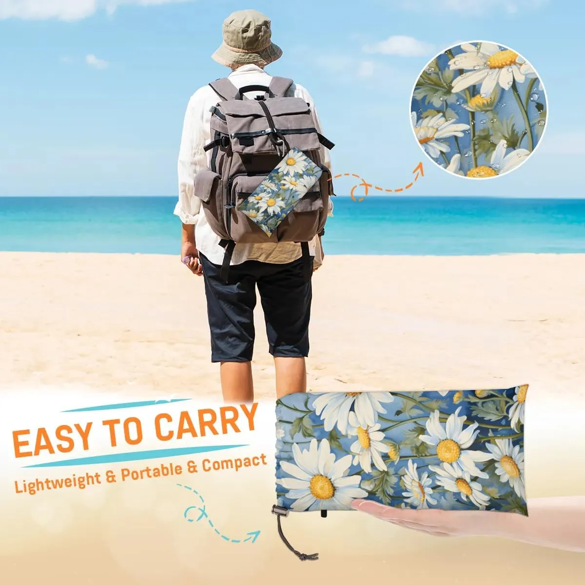 Beach Blanket, Daisy Floral Sandproof Beach Mat, Waterproof Quick Drying Sand Free Mat with 4 x Ground Spikes for Outdoor Travel Camping Hiking, Summer Daisy 68 x 59 in