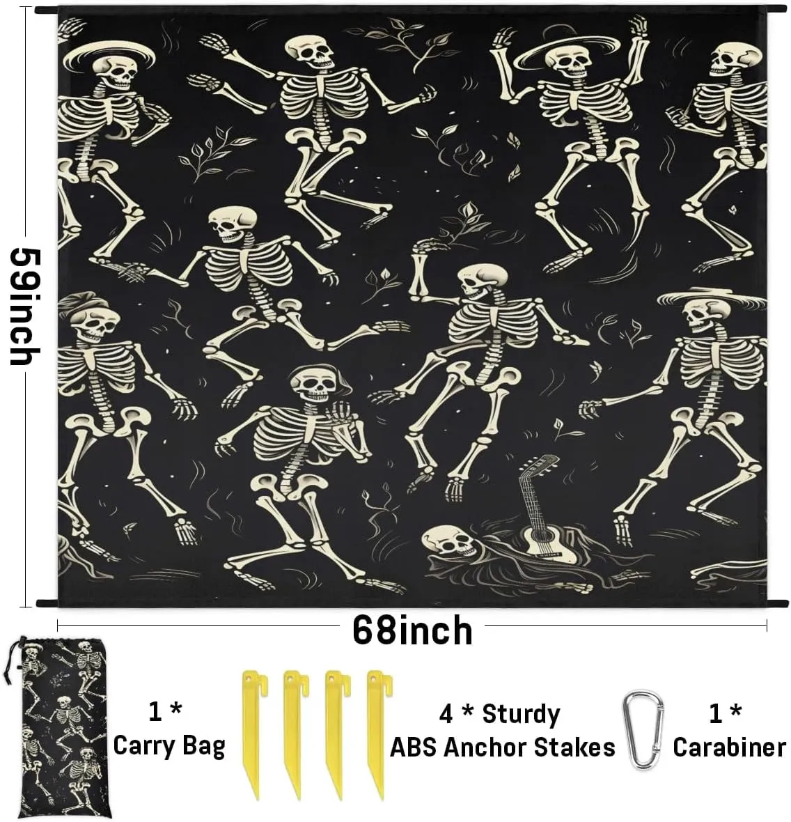 Beach Blanket, Halloween Sandproof Beach Mat, Waterproof Quick Drying Sand Free Mat with 4 x Ground Spikes for Outdoor Travel Camping Hiking, Skeleton Goth Gothic 68 x 59 in