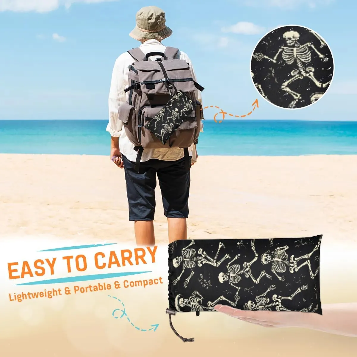Beach Blanket, Halloween Sandproof Beach Mat, Waterproof Quick Drying Sand Free Mat with 4 x Ground Spikes for Outdoor Travel Camping Hiking, Skeleton Goth Gothic 68 x 59 in