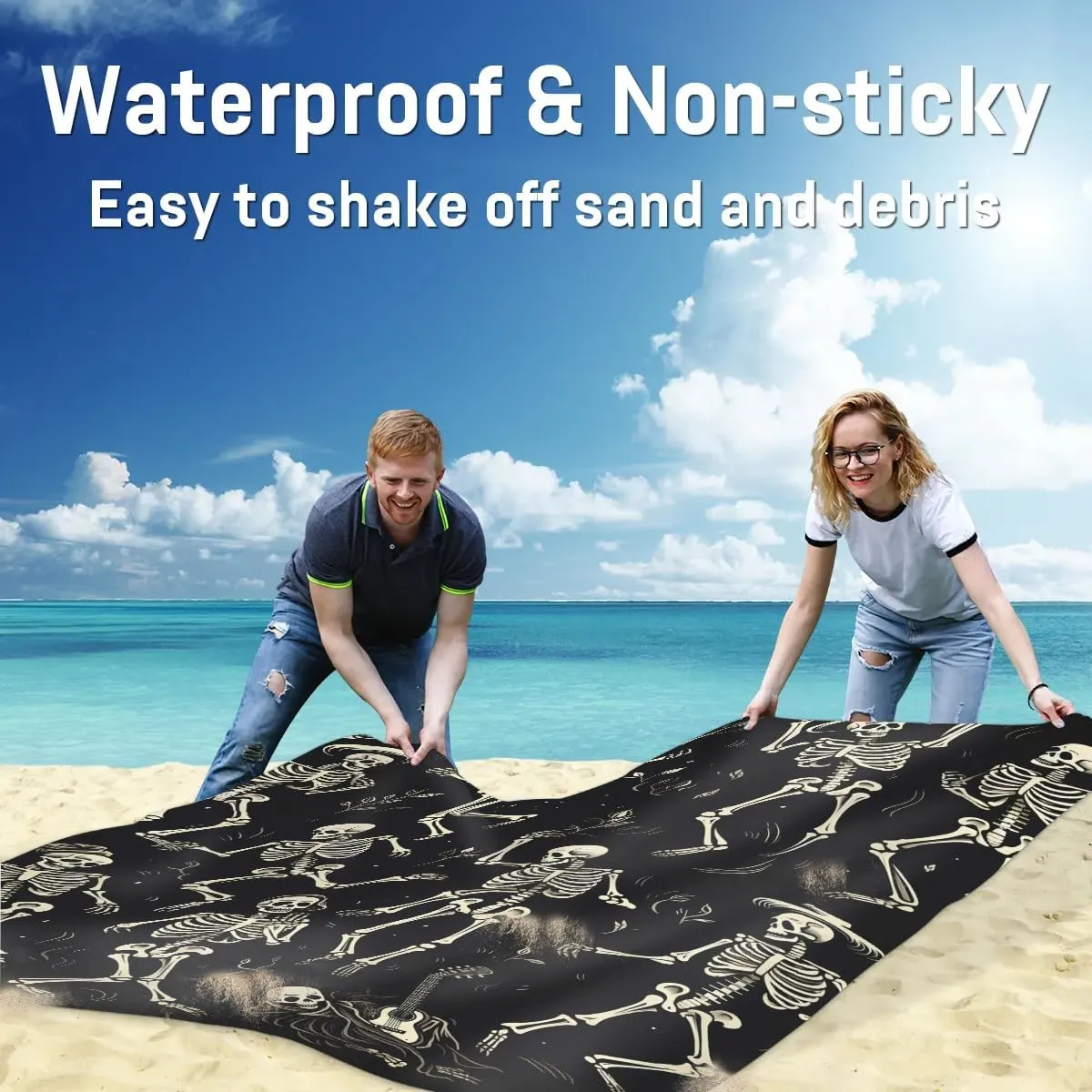 Beach Blanket, Halloween Sandproof Beach Mat, Waterproof Quick Drying Sand Free Mat with 4 x Ground Spikes for Outdoor Travel Camping Hiking, Skeleton Goth Gothic 68 x 59 in