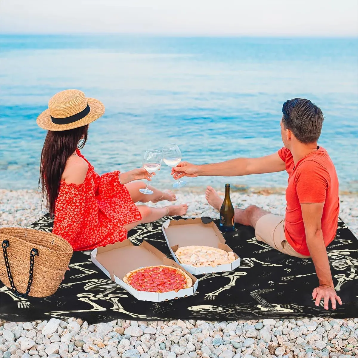 Beach Blanket, Halloween Sandproof Beach Mat, Waterproof Quick Drying Sand Free Mat with 4 x Ground Spikes for Outdoor Travel Camping Hiking, Skeleton Goth Gothic 68 x 59 in