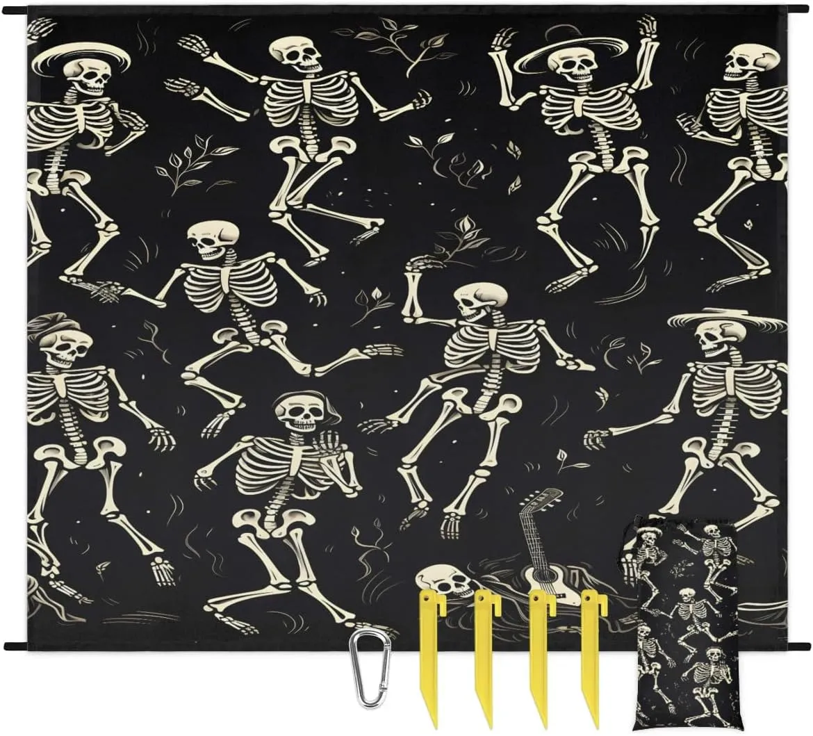 Beach Blanket, Halloween Sandproof Beach Mat, Waterproof Quick Drying Sand Free Mat with 4 x Ground Spikes for Outdoor Travel Camping Hiking, Skeleton Goth Gothic 68 x 59 in