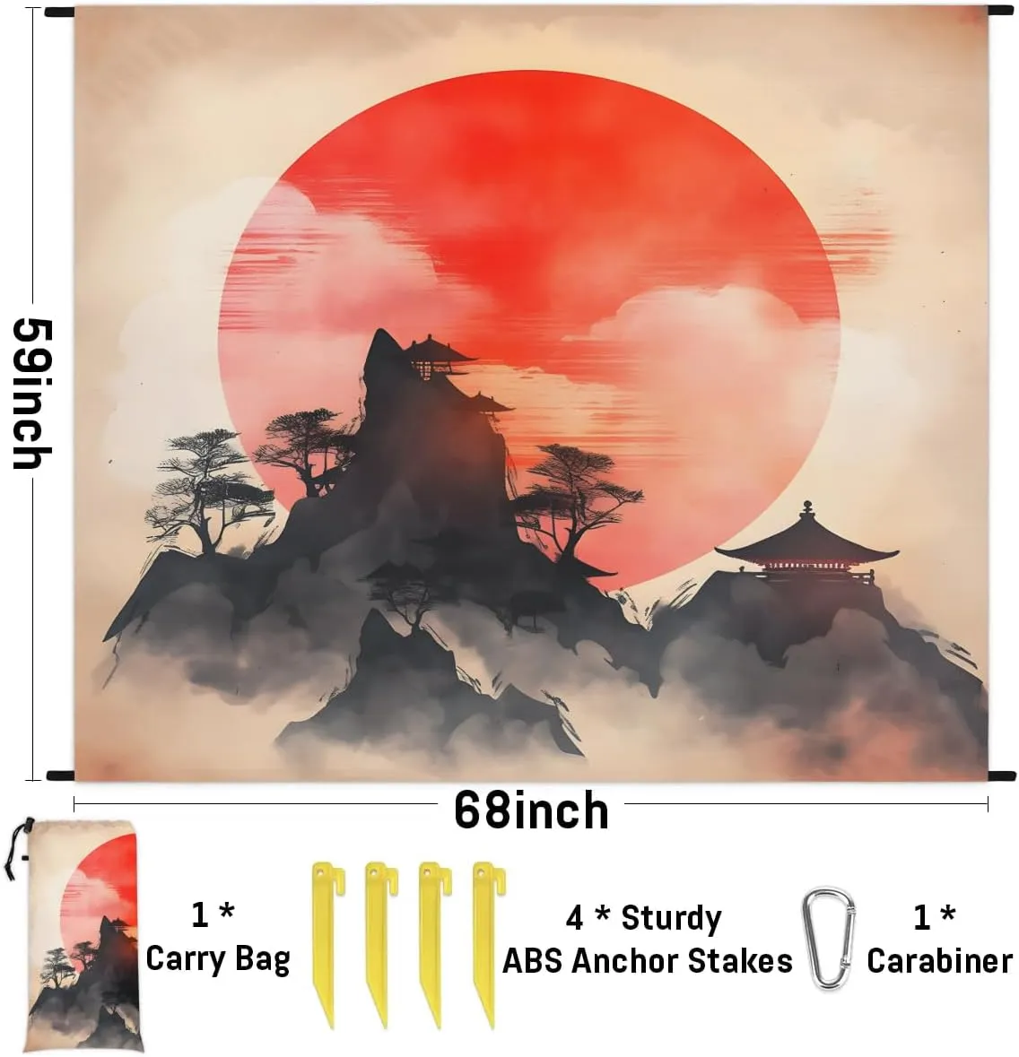 Beach Blanket, Japanese Sunrise Sandproof Beach Mat, Waterproof Quick Drying Sand Free Mat with 4 x Ground Spikes for Outdoor Travel Camping Hiking, Retro Sunrise 68 x 59 in