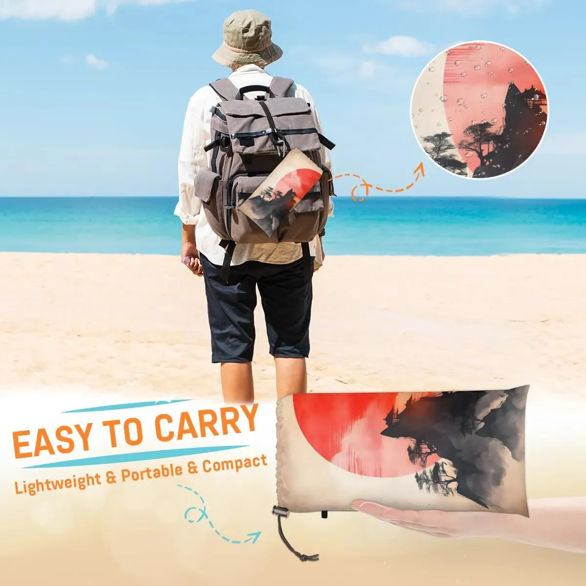 Beach Blanket, Japanese Sunrise Sandproof Beach Mat, Waterproof Quick Drying Sand Free Mat with 4 x Ground Spikes for Outdoor Travel Camping Hiking, Retro Sunrise 68 x 59 in