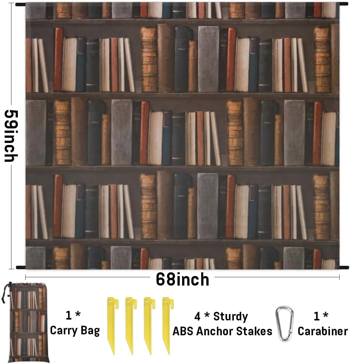 Beach Blanket, Library Bookshelf Sandproof Beach Mat, Waterproof Quick Drying Sand Free Mat with 4 x Ground Spikes for Outdoor Travel Camping Hiking, Old Books 68 x 59 in