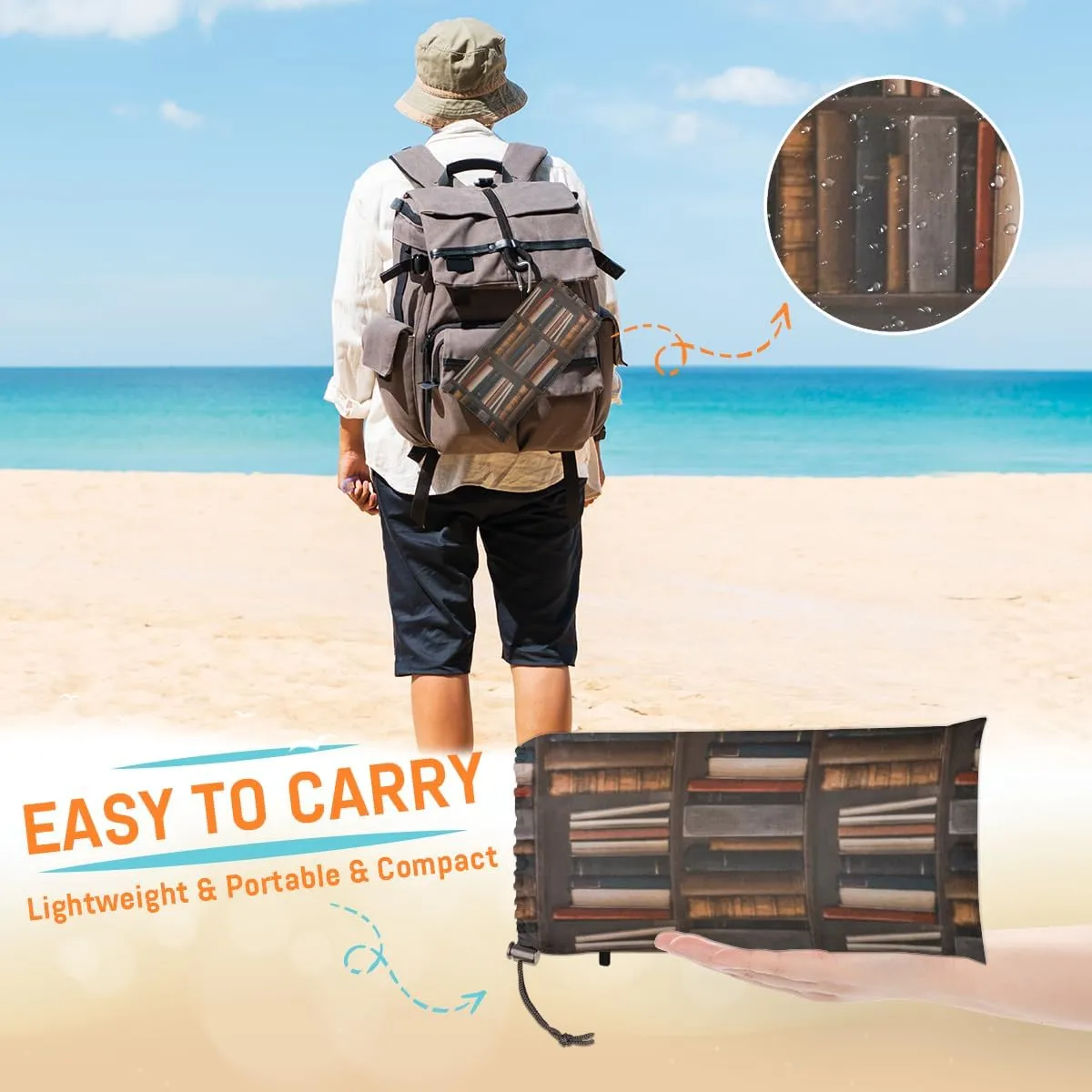 Beach Blanket, Library Bookshelf Sandproof Beach Mat, Waterproof Quick Drying Sand Free Mat with 4 x Ground Spikes for Outdoor Travel Camping Hiking, Old Books 68 x 59 in