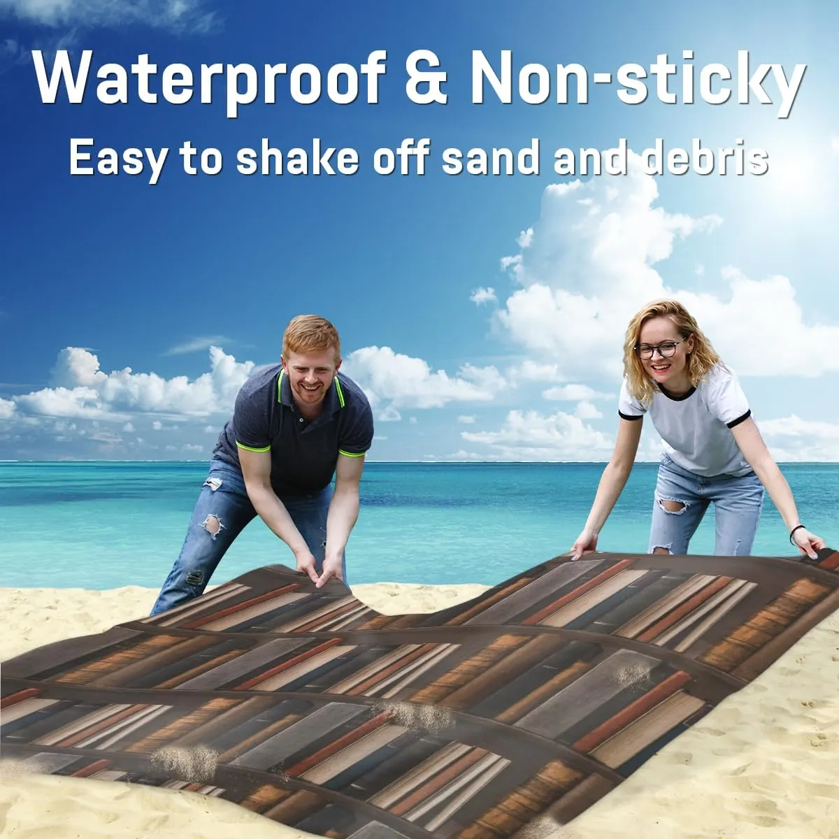 Beach Blanket, Library Bookshelf Sandproof Beach Mat, Waterproof Quick Drying Sand Free Mat with 4 x Ground Spikes for Outdoor Travel Camping Hiking, Old Books 68 x 59 in