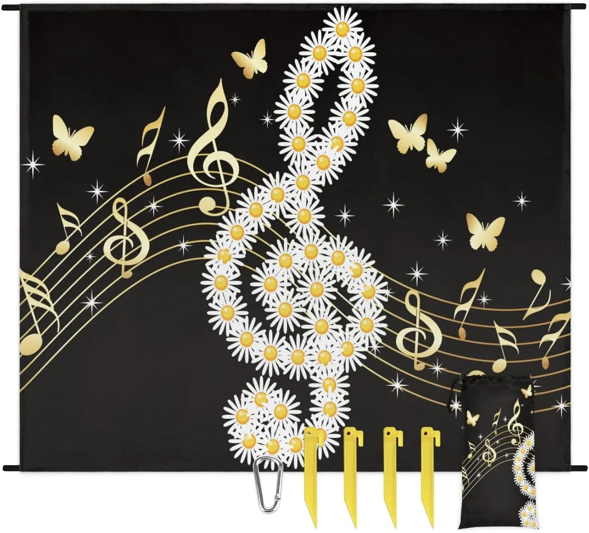 Beach Blanket, Music Note Sandproof Beach Mat, Waterproof Quick Drying Sand Free Mat with 4 x Ground Spikes for Outdoor Travel Camping Hiking, Daisy Butterflies 68 x 59 in