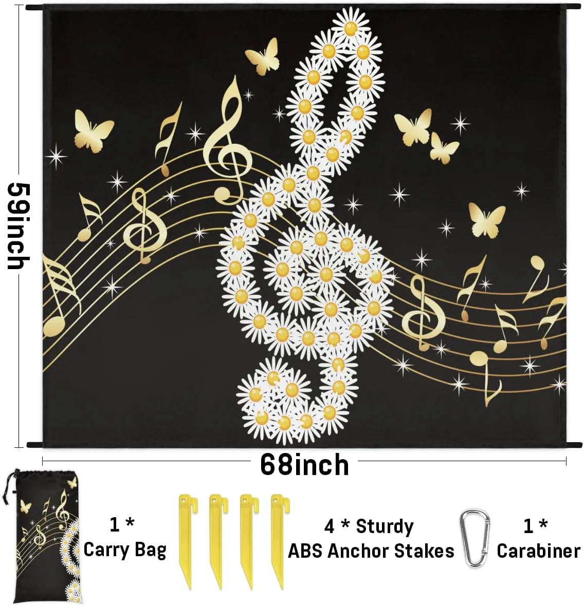 Beach Blanket, Music Note Sandproof Beach Mat, Waterproof Quick Drying Sand Free Mat with 4 x Ground Spikes for Outdoor Travel Camping Hiking, Daisy Butterflies 68 x 59 in