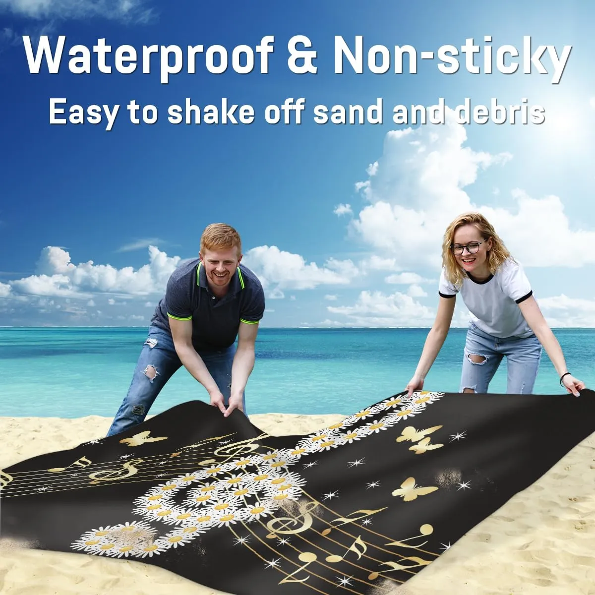 Beach Blanket, Music Note Sandproof Beach Mat, Waterproof Quick Drying Sand Free Mat with 4 x Ground Spikes for Outdoor Travel Camping Hiking, Daisy Butterflies 68 x 59 in