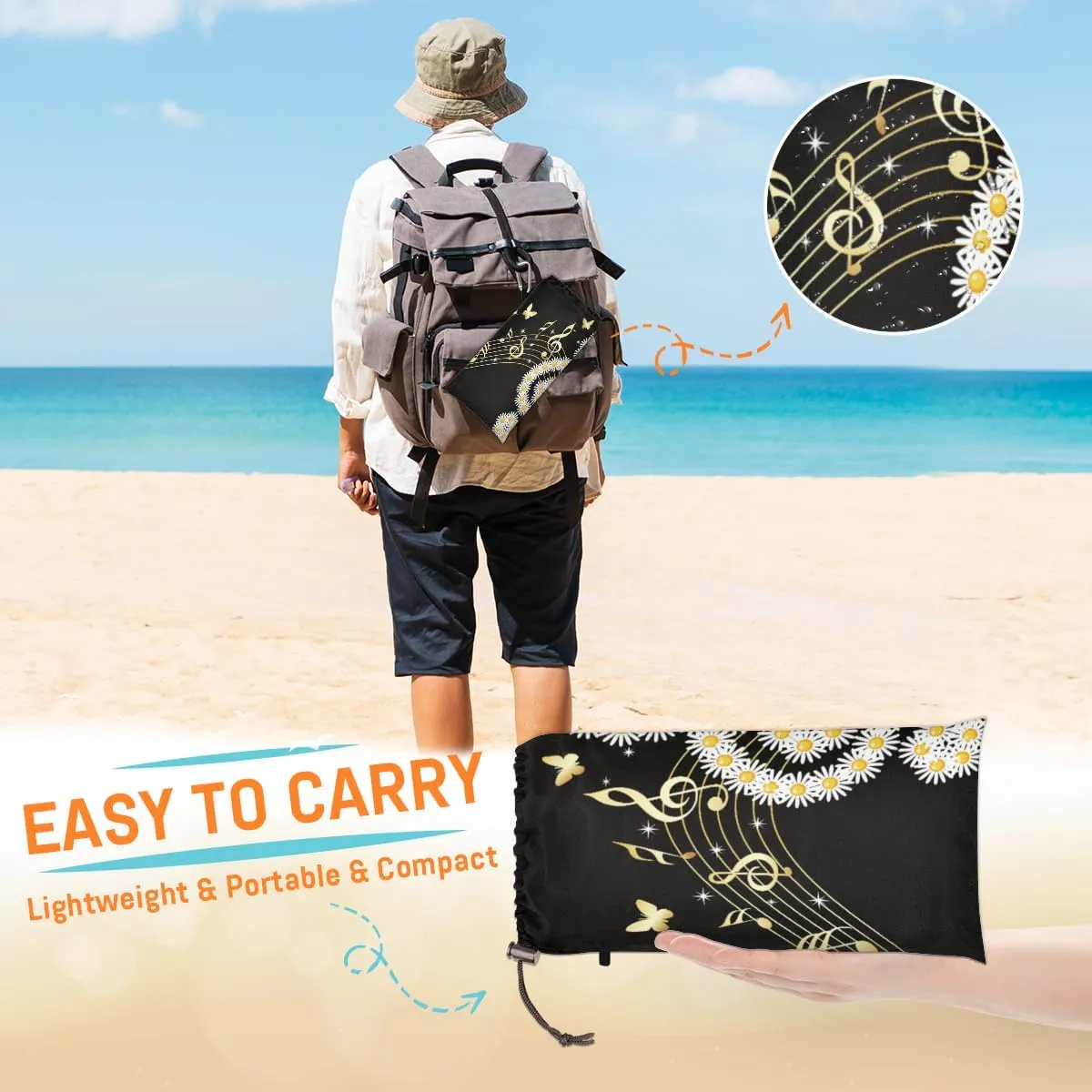 Beach Blanket, Music Note Sandproof Beach Mat, Waterproof Quick Drying Sand Free Mat with 4 x Ground Spikes for Outdoor Travel Camping Hiking, Daisy Butterflies 68 x 59 in