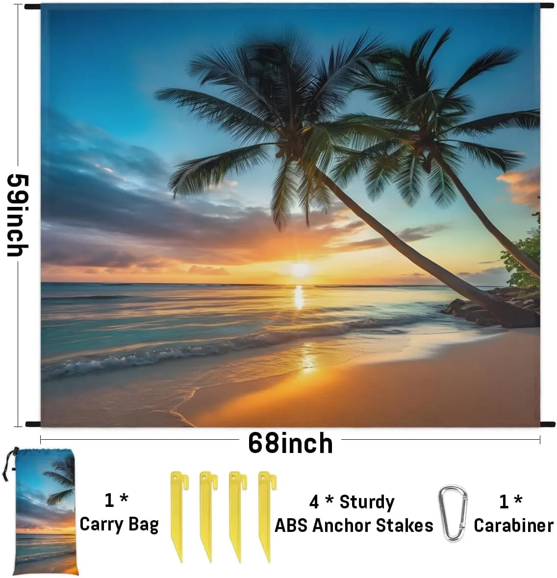 Beach Blanket, Palm Tree Sandproof Beach Mat, Waterproof Quick Drying Sand Free Mat with 4 x Ground Spikes for Outdoor Travel Camping Hiking, Beach Theme 68 x 59 in