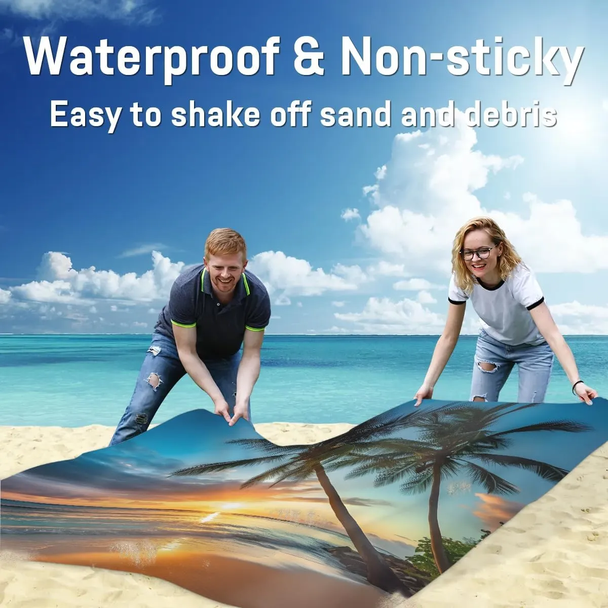Beach Blanket, Palm Tree Sandproof Beach Mat, Waterproof Quick Drying Sand Free Mat with 4 x Ground Spikes for Outdoor Travel Camping Hiking, Beach Theme 68 x 59 in